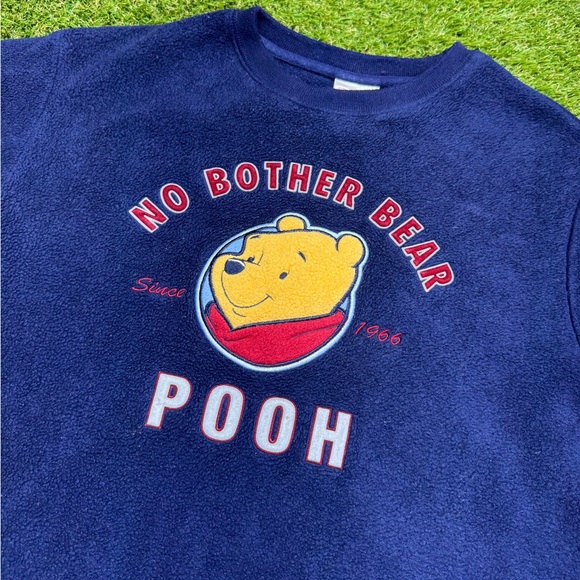 “No Bother Bear” Winnie The Pooh Fleece Crewneck Sweater Size Small Navy Blue - Picture 2 of 4